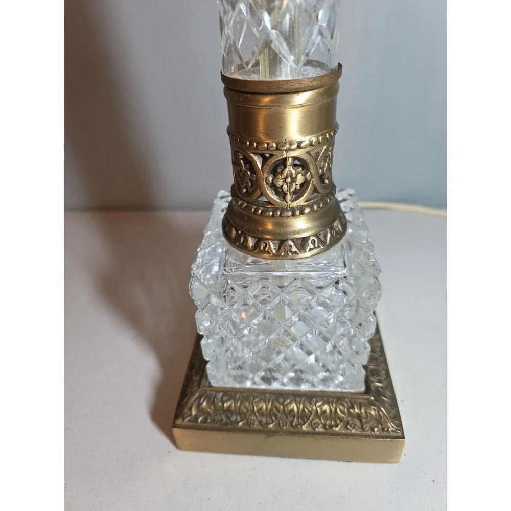 Heavy Vtg Diamond Cut Crystal Glass Table Lamp Hollywood Regency Loevsky Style